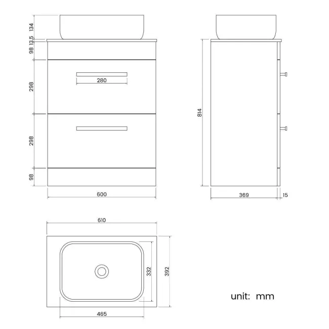 Avon Stone Grey Vanity Drawer with Marble Top & Curved Counter Top Basin 600mm