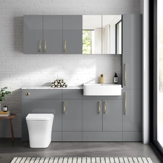 Harper Stone Grey Combination Vanity Basin with Marble Top & Houston Toilet 1500mm - Brushed Brass Accents