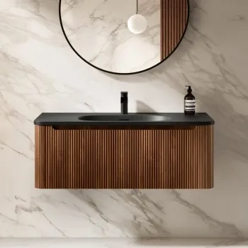 Sorrento Fluted Black Walnut Wall Hung Drawer Vanity with Black Basin 1000mm
