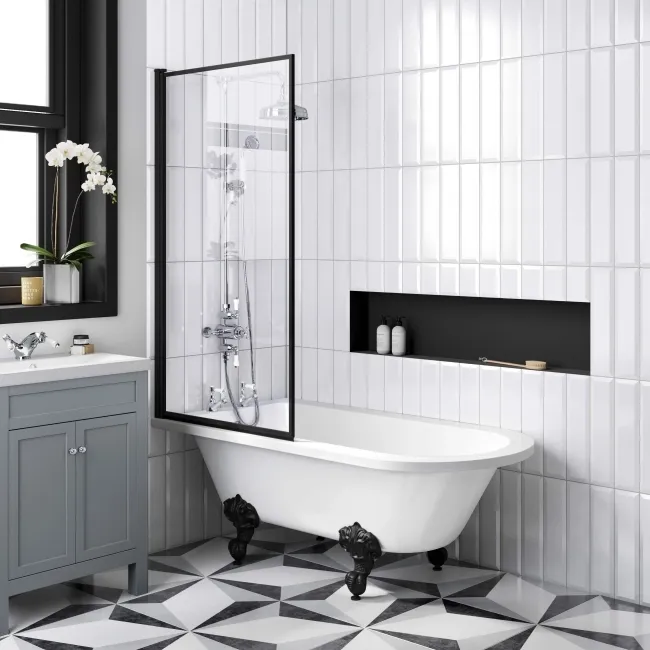 Abingdon 1500 Roll Top Shower Bath - Black Ball Feet & 6mm Easy Clean Matt Black Framed Screen