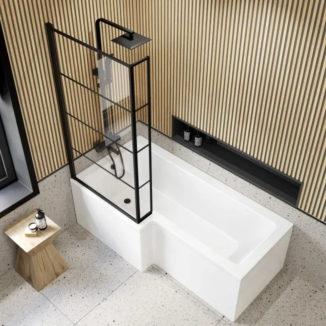 L Shaped 1700 Shower Bath & 6mm Easy Clean Matt Black Grid Bath Screen - Left Handed