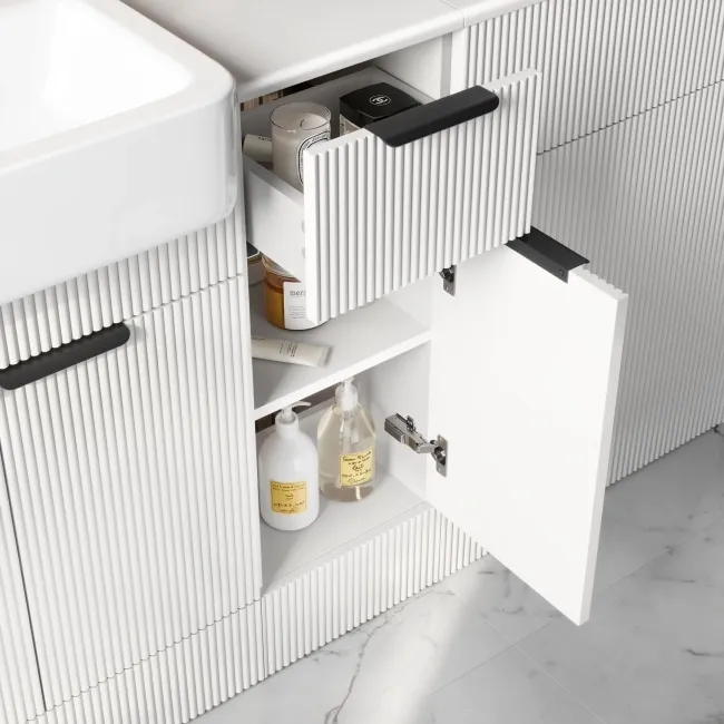 Sicily Fluted Coastal White Combination Vanity Basin 1500mm (Excludes Toilet) - Black Accents