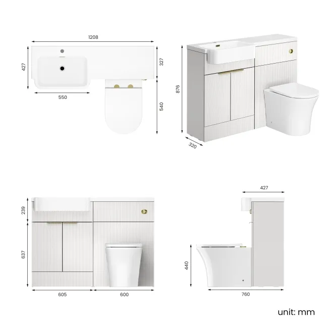 Sicily Fluted Coastal White Combination Vanity Basin and Tucson Toilet 1200mm - Brushed Brass Accents - Left Handed