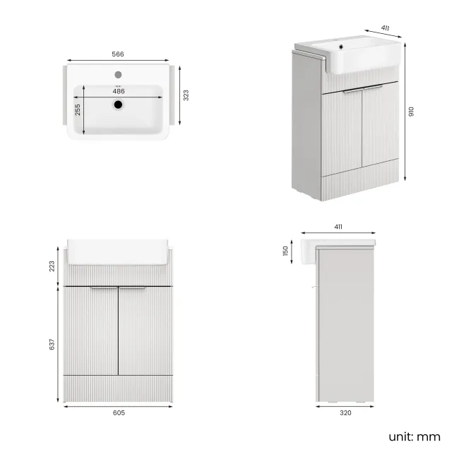 Sicily Fluted Coastal White Vanity with Semi Recessed Basin 600mm - Chrome Handles