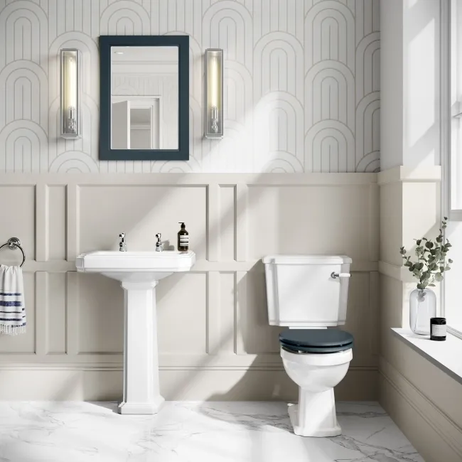 Hudson Traditional Toilet With Inky Blue Seat & Pedestal Basin Set - Double Tap Hole