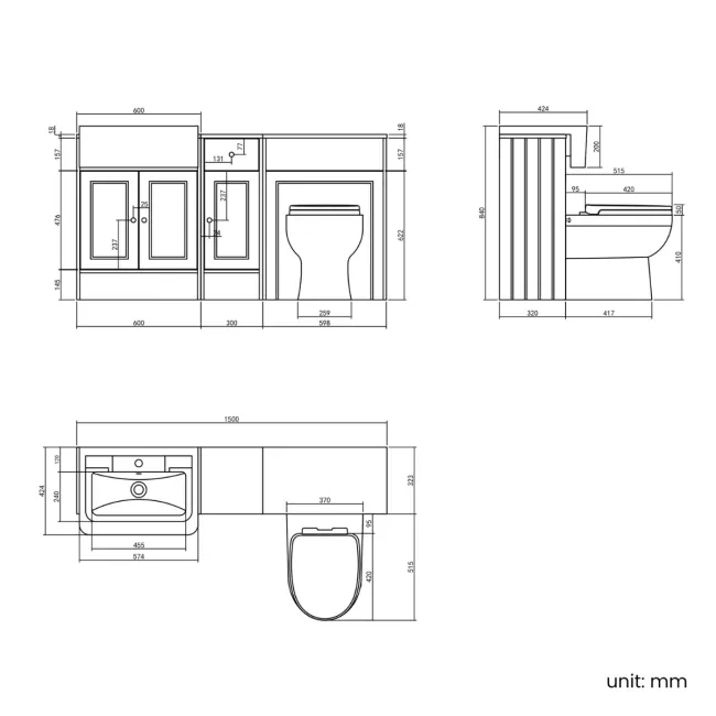 Monaco Inky Blue Combination Vanity Traditional Basin and Seattle Toilet 1500mm - Brushed Brass Accents
