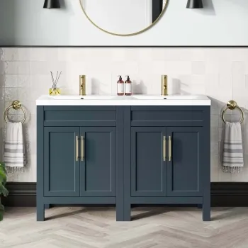 Bermuda Inky Blue Double Basin Vanity 1200mm - Brass Knurled Handles