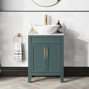 Bermuda Midnight Green Vanity with Marble Top & Oval Counter Top Basin 600mm - Brass Knurled Handles