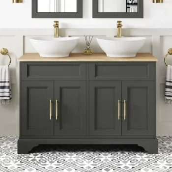 Lucia Graphite Grey Double Vanity with Oak Effect Top & Oval Counter Top Basin 1200mm - Brass Knurled Handles