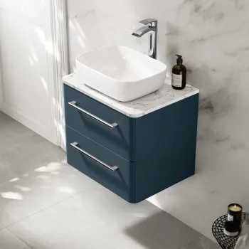 Omaha Navy Blue Wall Hung Drawer Vanity with Marble Top & Curved Counter Top Basin 600mm