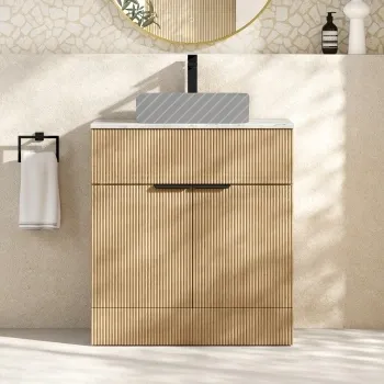 Havana Fluted Country Oak Cabinet with Marble Top 800mm (Excludes Counter Top Basin) - Black Accents