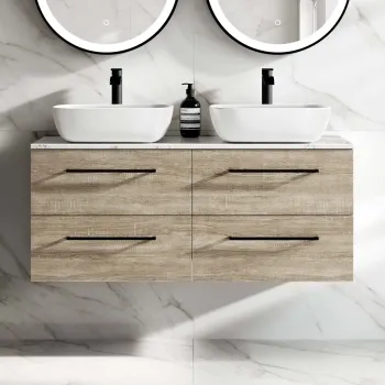 Elba Dawn Oak Double Wall Hung Drawer Vanity with Marble Top & Curved Basin 1200mm - Black Accents
