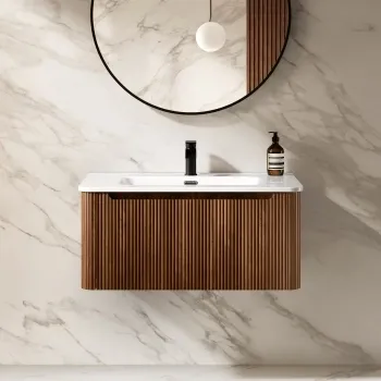 Sorrento Fluted Black Walnut Wall Hung Basin Drawer Vanity 800mm