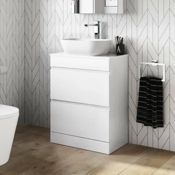 Trent Gloss White Vanity Drawer with Curved Counter Top Basin 600mm