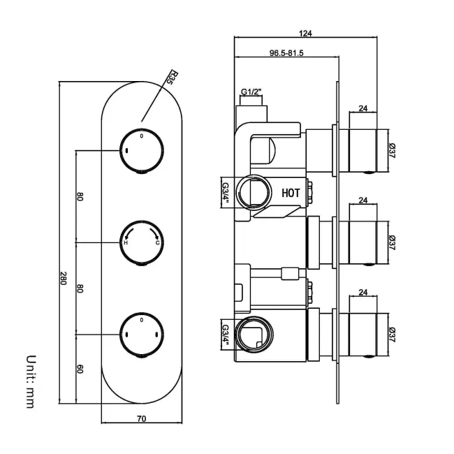 Ballina Premium Matt Black Round Thermostatic Shower Valve - 3 Outlets
