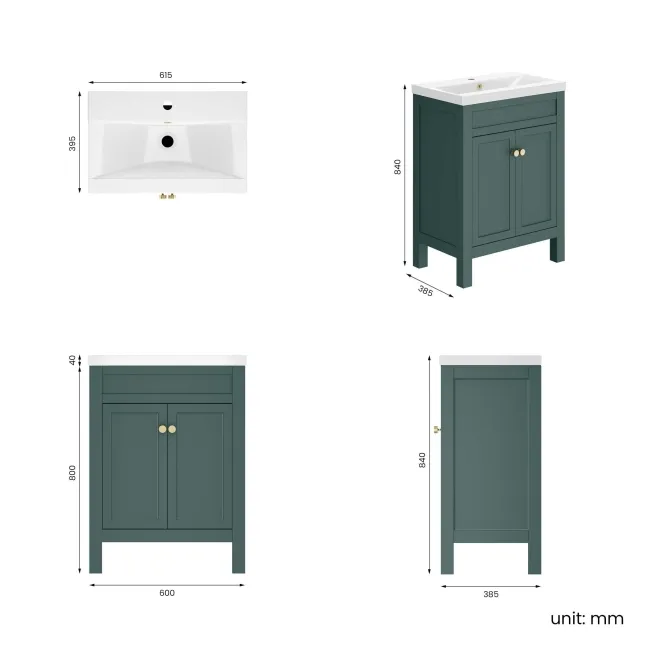 Bermuda Midnight Green Basin Vanity 600mm - Brushed Brass Accents