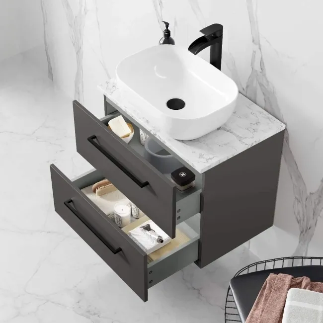 Elba Graphite Grey Wall Hung Drawer Vanity with Marble Top & Curved Counter Top Basin 600mm - Black Accents
