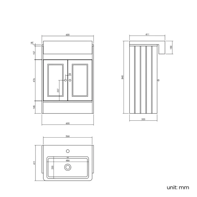 Monaco Dove Grey Basin Vanity 600mm - Brushed Brass Accents