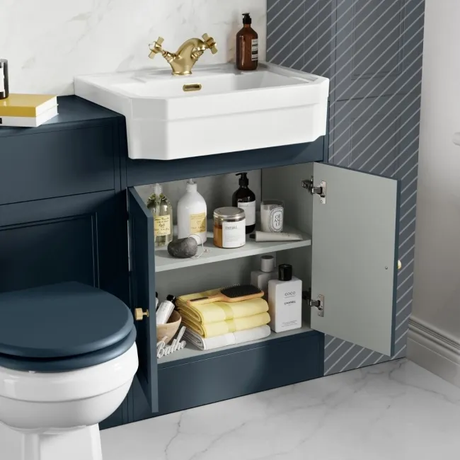 Monaco Inky Blue Combination Vanity Traditional Basin and Hudson Toilet with Wooden Seat 1200mm - Brushed Brass Accents