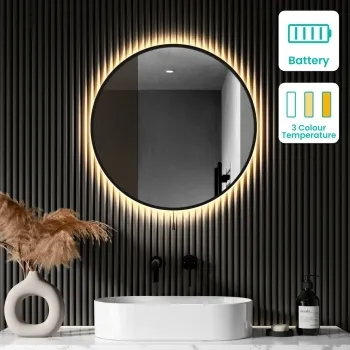 Delilah Battery Powered Black Framed Round Backlit LED Mirror 600mm