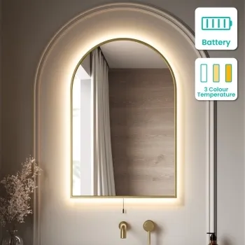 Maya Battery Powered Brushed Brass Arched Backlit Illuminated LED Mirror 750x500mm