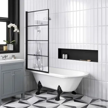 Abingdon 1500 Roll Top Shower Bath - Black Claw Feet & 6mm Easy Clean Matt Black Grid Screen