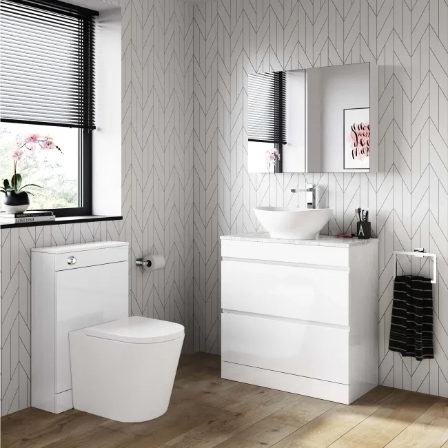 Trent Gloss White Vanity Drawer with Marble Top & Oval Counter Top Basin 800mm