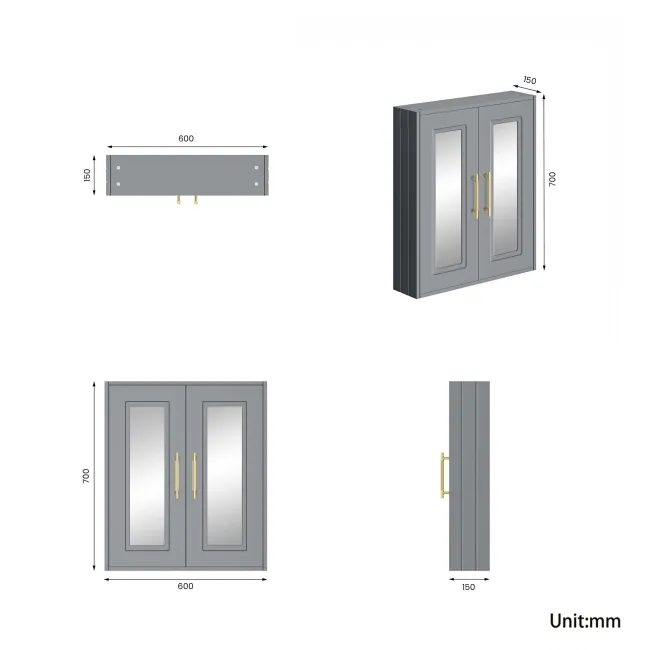 Dove Grey Wall Hung Mirror Cabinet 700x600mm - Brass Knurled Handles