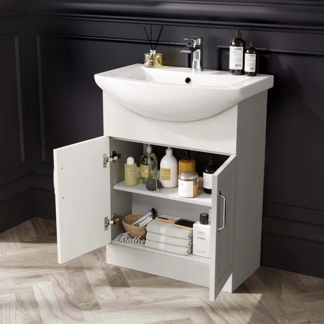 Capri Cotton White Vanity with Semi Recessed Basin 650mm - Traditional Handles