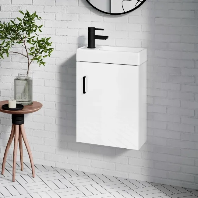 Quartz Gloss White Cloakroom Wall Hung Basin Vanity 400mm - Black Accents