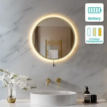 Delilah Battery Powered Brushed Brass Round Backlit LED Mirror 500mm