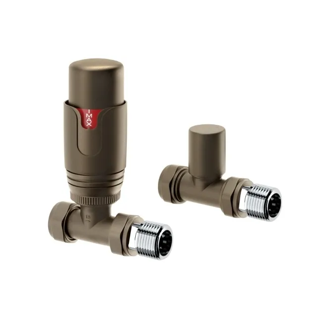 Antique Gold Thermostatic Straight Radiator Valve (Pair) Standard 15mm
