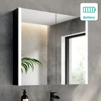 Selma Battery Powered Matt Black Illuminated LED Mirror Cabinet 700x800mm