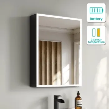 Esme Battery Powered Matt Black Illuminated LED Mirror Cabinet 600x450mm