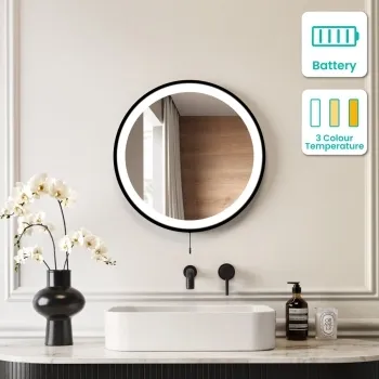 Delilah Battery Powered Black Framed Round Illuminated LED Mirror 500mm