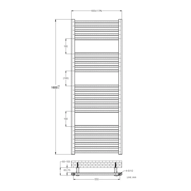 Naples Premium Matt Black Straight Heated Towel Rail 1600x600mm