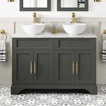 Lucia Graphite Grey Double Vanity with Marble Top & Round Counter Top Basin 1200mm - Brass Knurled Handles