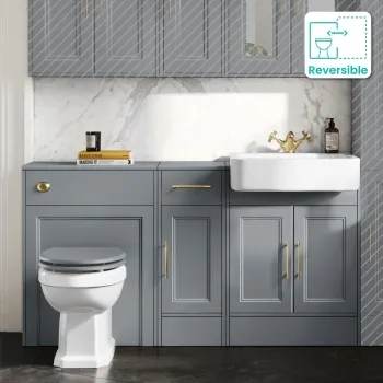 Monaco Dove Grey Combination Vanity Basin and Hudson Toilet with Wooden Seat 1500mm - Brass Knurled Handles