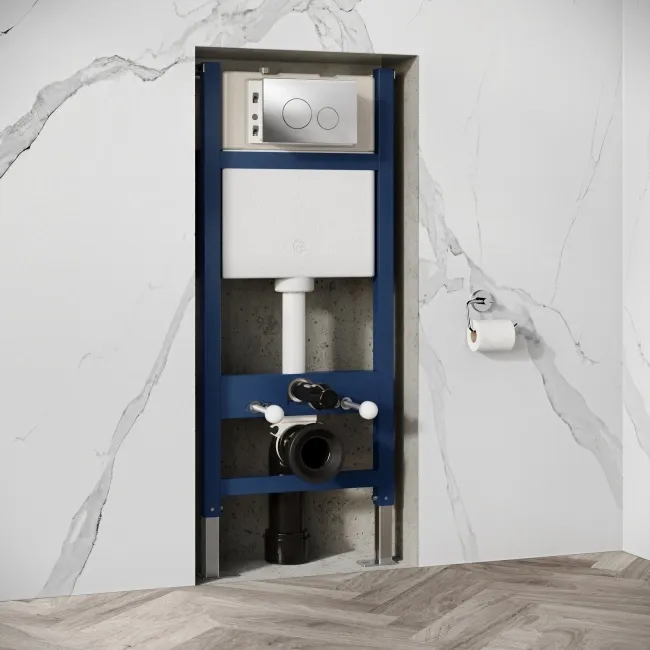 Idaho Pneumatic Wall Hung Toilet Frame and Concealed Cistern with Chrome Flush Plate - Round Buttons