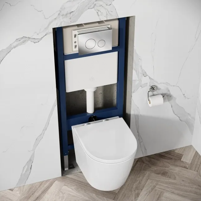 Idaho Pneumatic Wall Hung Toilet Frame and Concealed Cistern with Chrome Flush Plate - Round Buttons