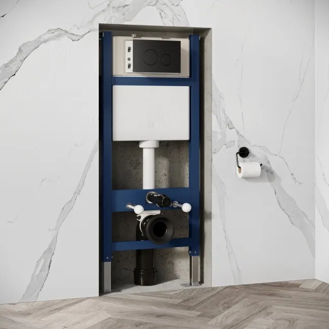 Idaho Pneumatic Wall Hung Toilet Frame and Concealed Cistern with Matt Black Flush Plate - Round Buttons