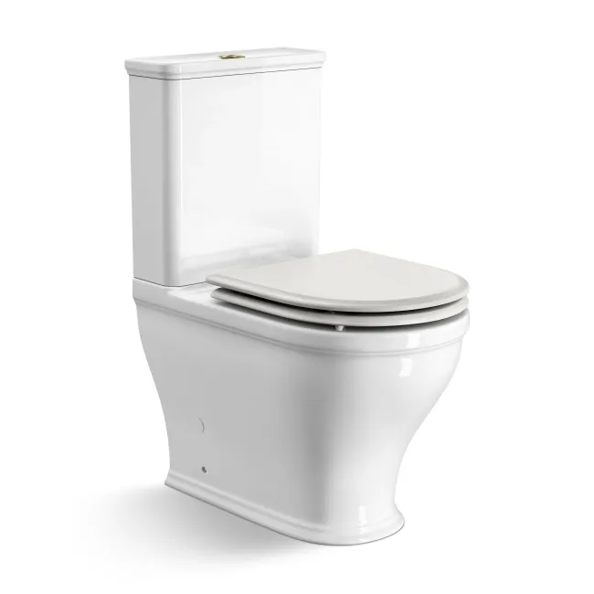 Kansas Traditional Rimless Close Coupled Toilet With Cotton White Wooden Seat - Brushed Brass Hinges