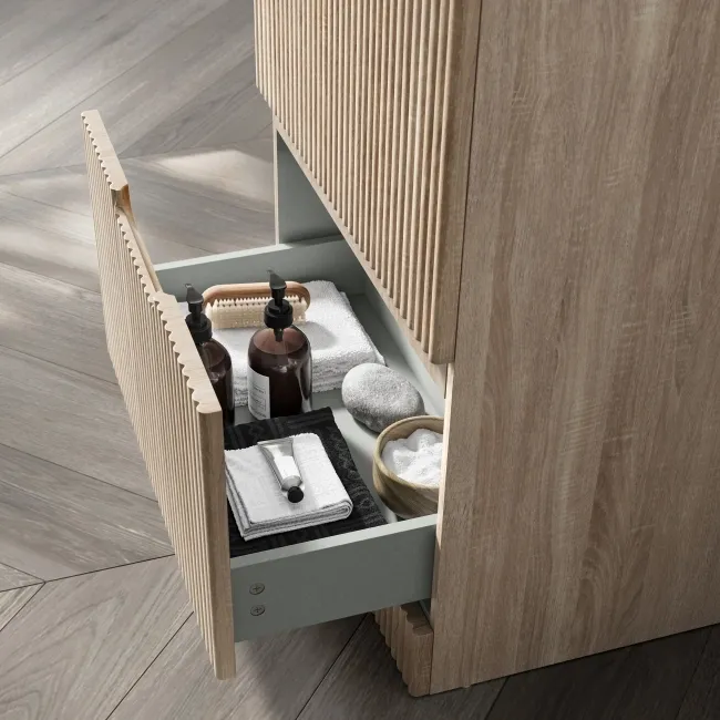 Crete Fluted Apex Oak Vanity Drawer with Marble Top & Reno Basin 600mm