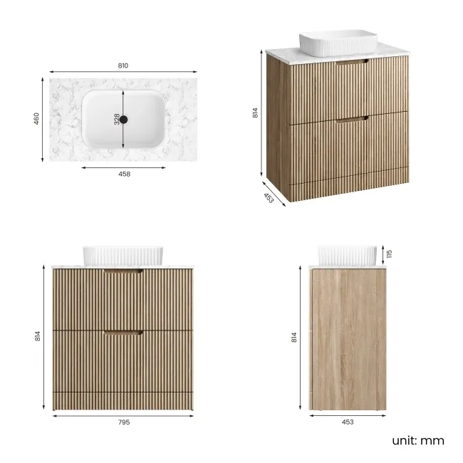 Crete Fluted Apex Oak Vanity Drawer with Marble Top & Reno Basin 800mm