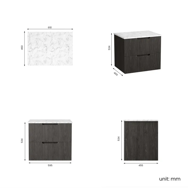 Crete Fluted Charcoal Elm Wall Hung Drawer Vanity with Marble Top 600mm - Excludes Counter Top Basin
