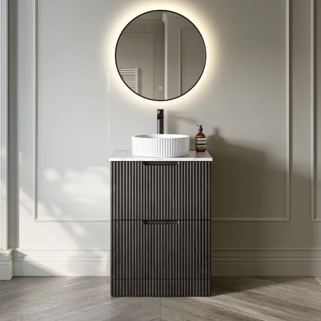 Crete Fluted Charcoal Elm Vanity Drawer with Marble Top & Nevis Basin 600mm