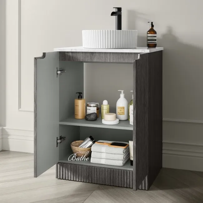 Crete Fluted Charcoal Elm Vanity with Marble Top & Nevis Basin 600mm
