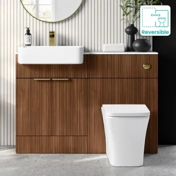 Sicily Fluted Black Walnut Combination Vanity Basin with Marble Top & Houston Toilet 1200mm - Brushed Brass Accents
