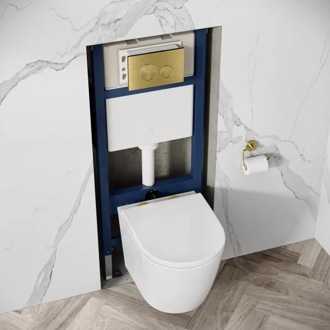 Idaho Pneumatic Wall Hung Toilet Frame and Concealed Cistern with Brushed Brass Flush Plate - Round Buttons