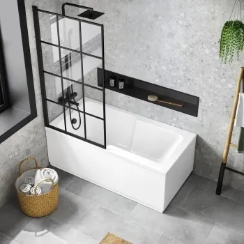 Dover 1500x750 Keyhole Shower Bath & 6mm Easy Clean Matt Black Grid Bath Screen